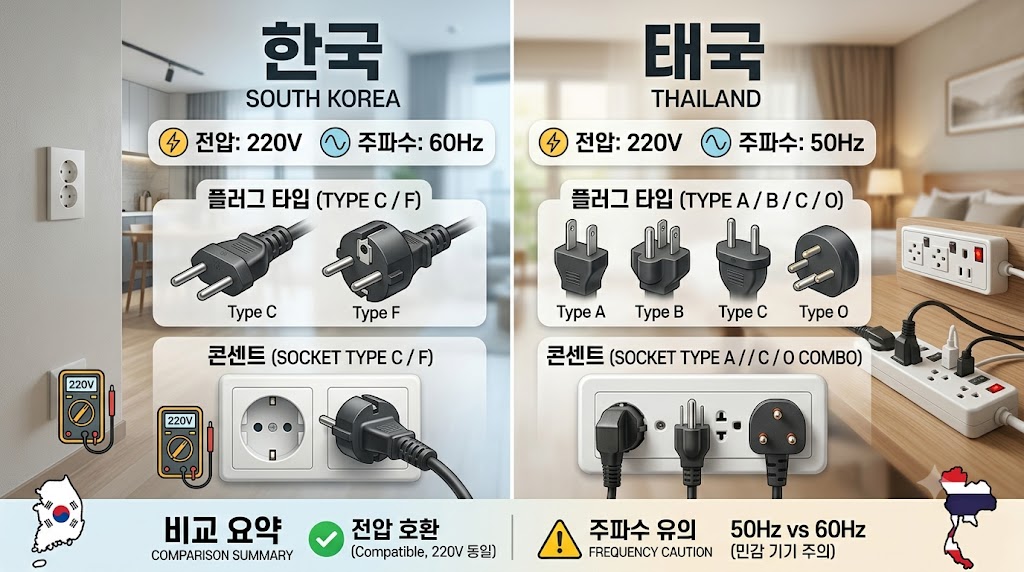 대한민국과 태국의 전압 및 주파수 규격 비교