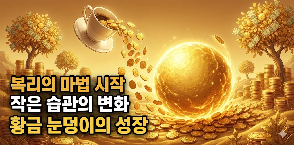 매일 마시는 커피 한 잔이 시간이 지날수록 거대한 황금 눈덩이로 변해가는 복리의 마법을 형상화한 일러스트