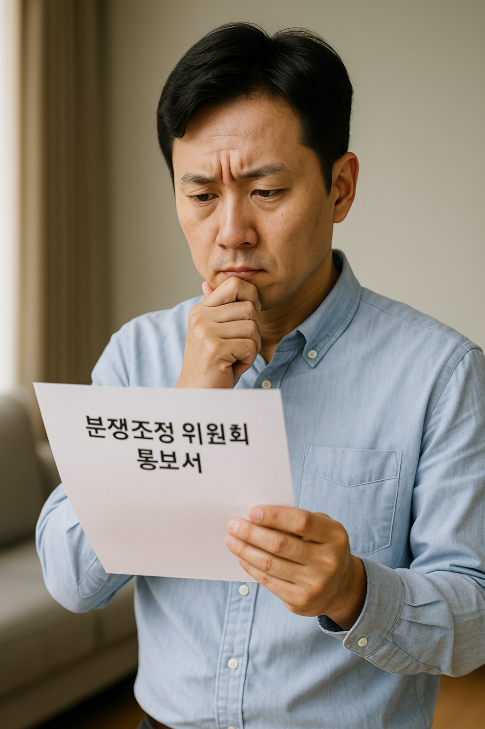 분쟁조정 위원회 통보서를 받고 고민하는 입주민의 모습