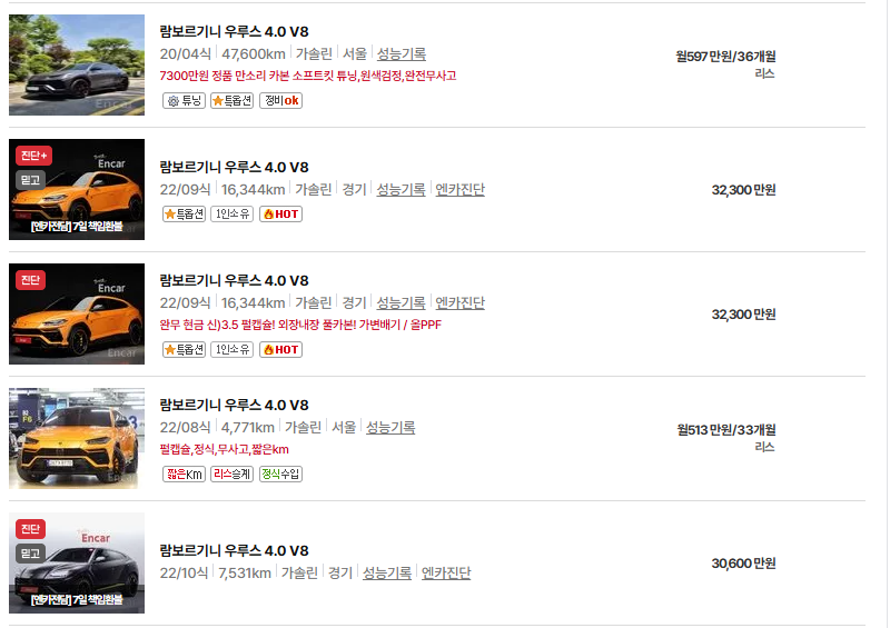 람보르기니 우루스 중고차 가격 시세표 연비