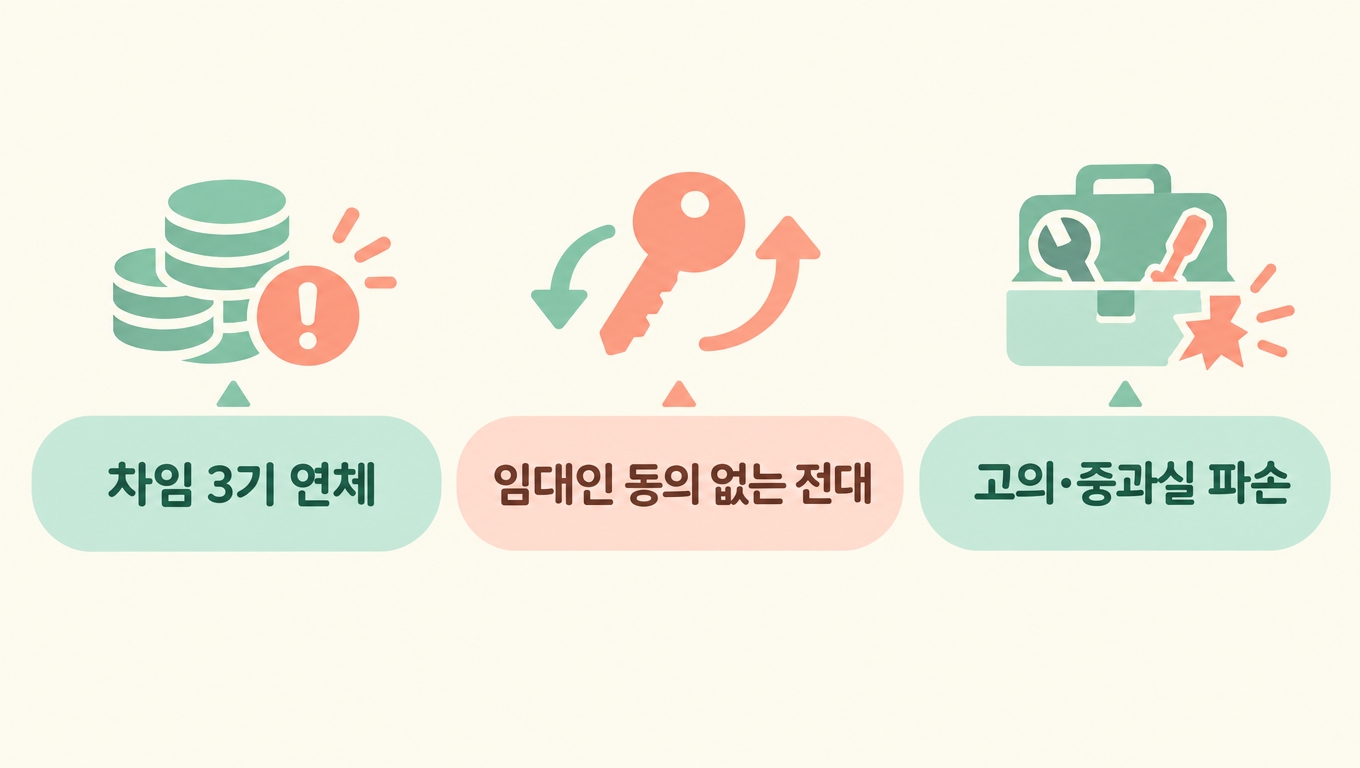 갱신 거절 사유 인포그래픽 - 차임 3기 연체, 임대인 동의 없는 전대, 고의&middot;중과실 파손