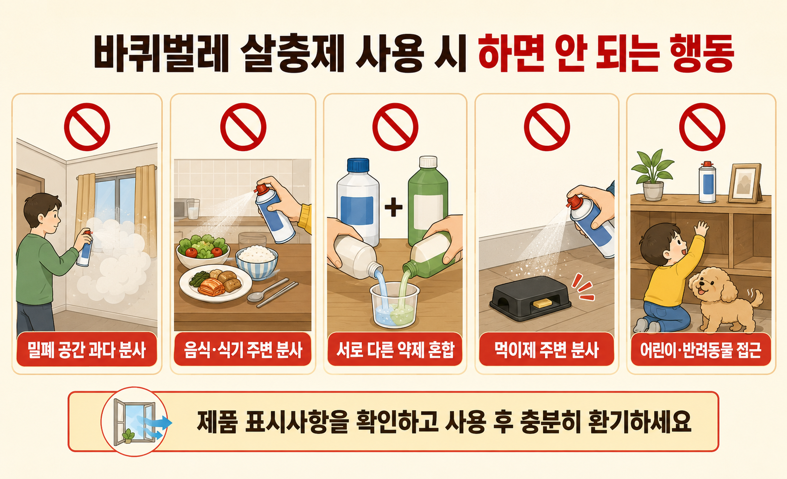 바퀴벌레 살충제 사용 시 피해야 하는 행동과 안전한 사용 방법을 설명하는 이미지