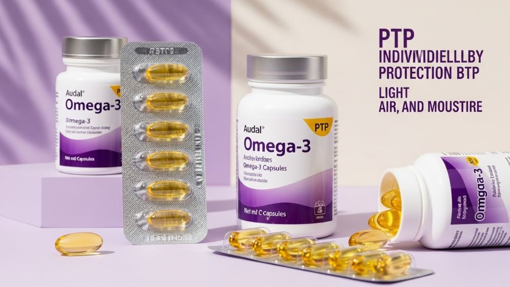 오메가-3의 다양한 포장 방법을 보여주는 깨끗하고 조명이 잘 켜진 사진입니다.