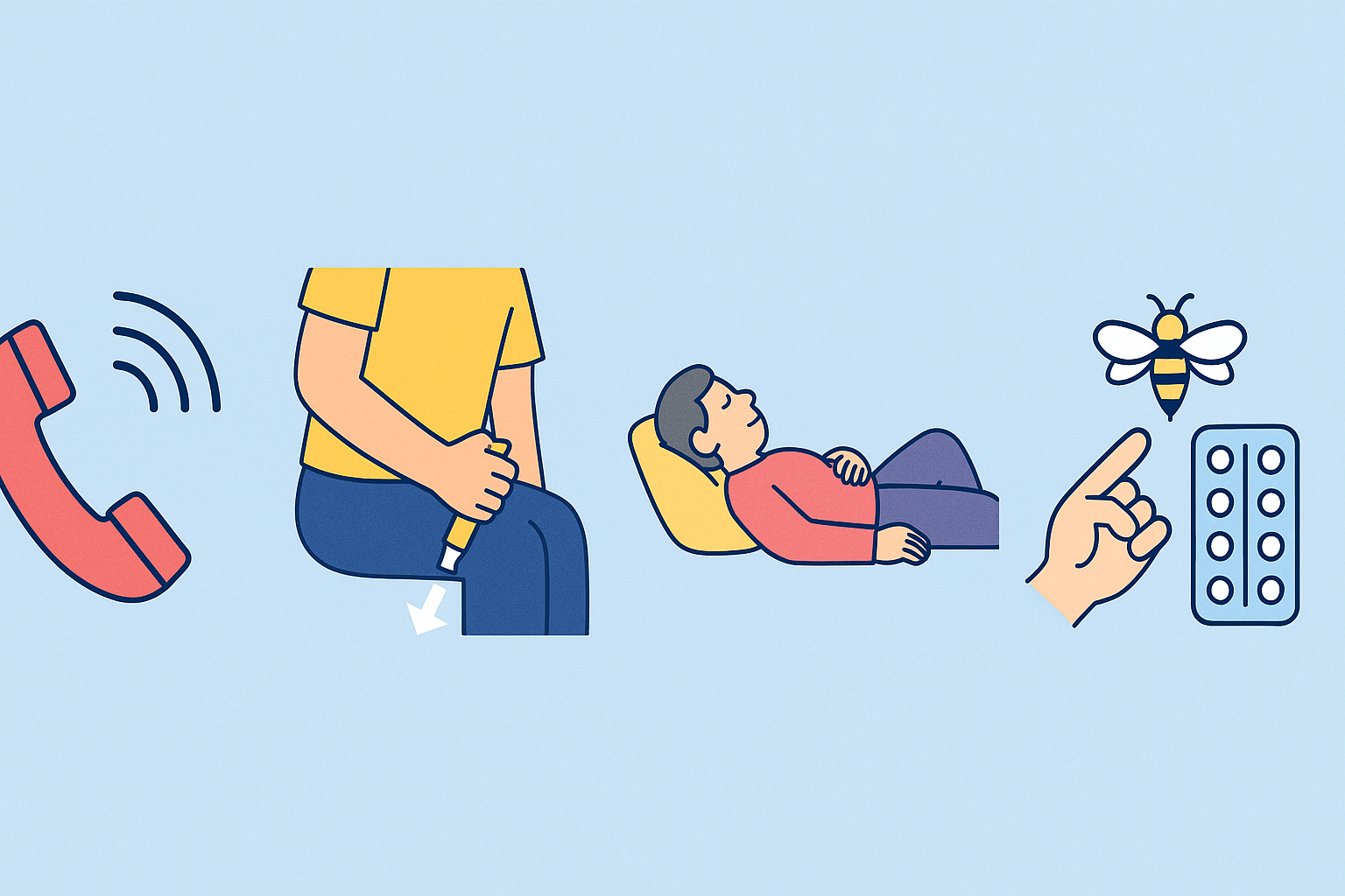 아나필락시스 응급처치 과정을 전화 신고, 에피펜 사용, 환자 안정 자세, 원인 물질 확인 순서