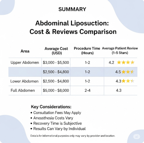 복부지방 흡입 시술비용 비교와 후기를 정리한 요약 카드, 부위별 평균 비용을 포함한 이미지