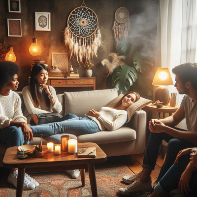 여럿이 모여 앉아 이야기하는 따뜻한 공간, 드림캐쳐 장식.