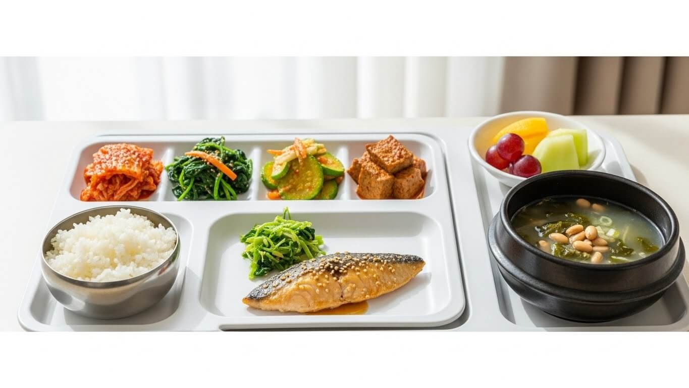 회복기 환자용으로 구성된 균형 잡힌 병원 식단 트레이 이미지