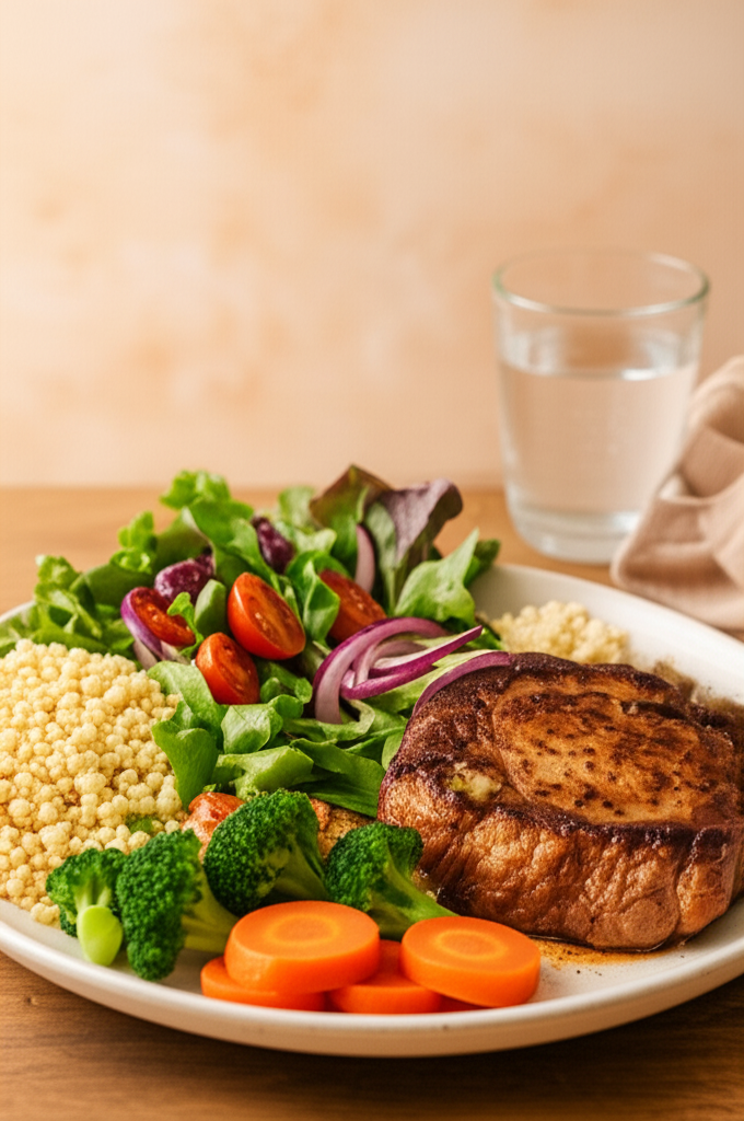 샐러드와 구운 스테이크, 쿠스쿠스와 채소가 담긴 균형 잡힌 저녁 식사 (Balanced dinner plate with salad, grilled steak, couscous, and vegetables)