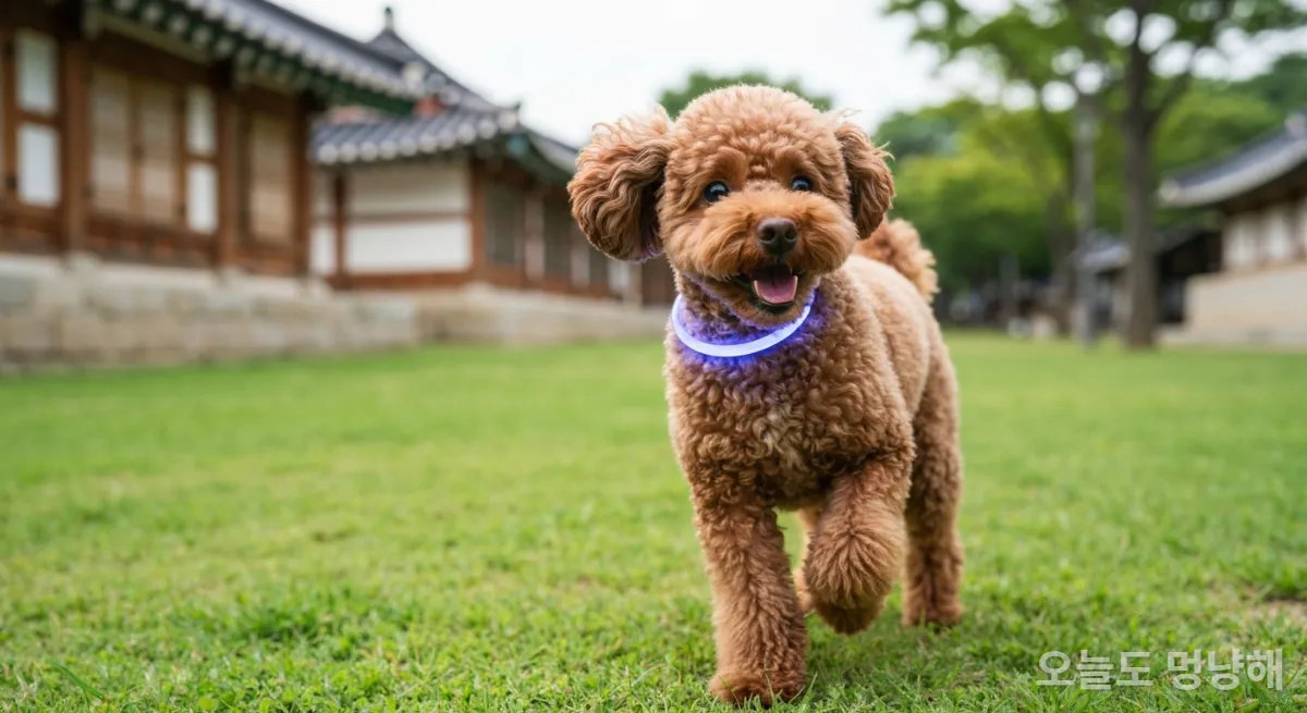스마트 칼라를 착용하고 공원에서 뛰고 있는 갈색 푸들 강아지