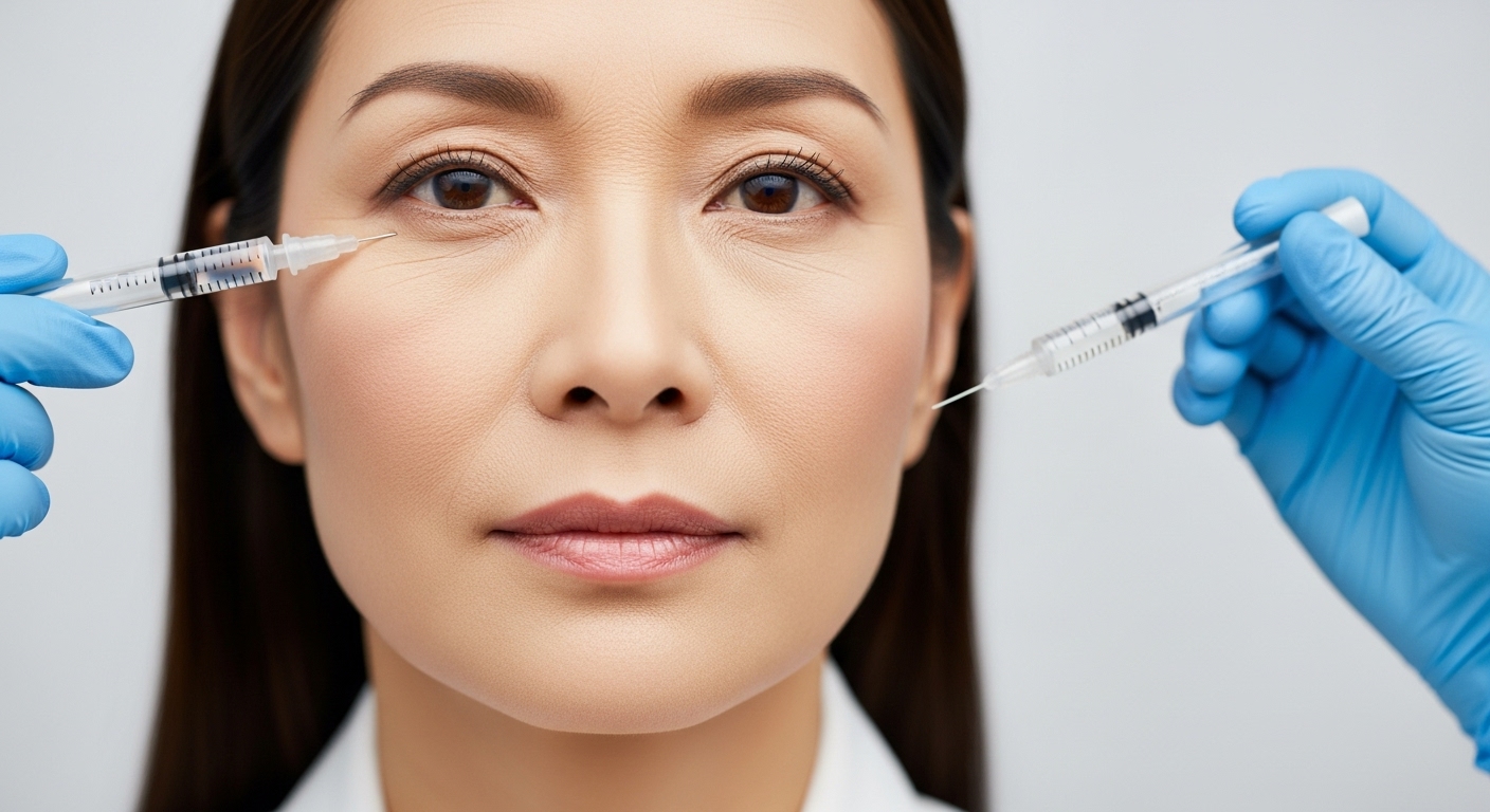 부위에 따라 다른 시술을 하는 이미지 (눈가 필러, 턱 보톡스)