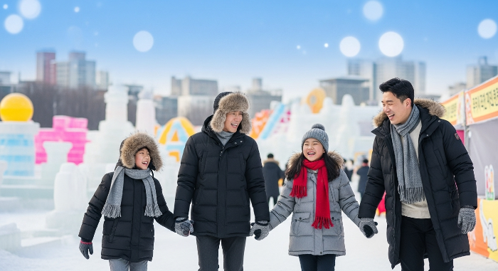 2025년 수도권 근교 겨울 축제를 즐기는 따뜻한 가족의 모습. 눈 덮인 축제장에서 행복하게 웃으며 걸어가는 부모님과 두 아이.