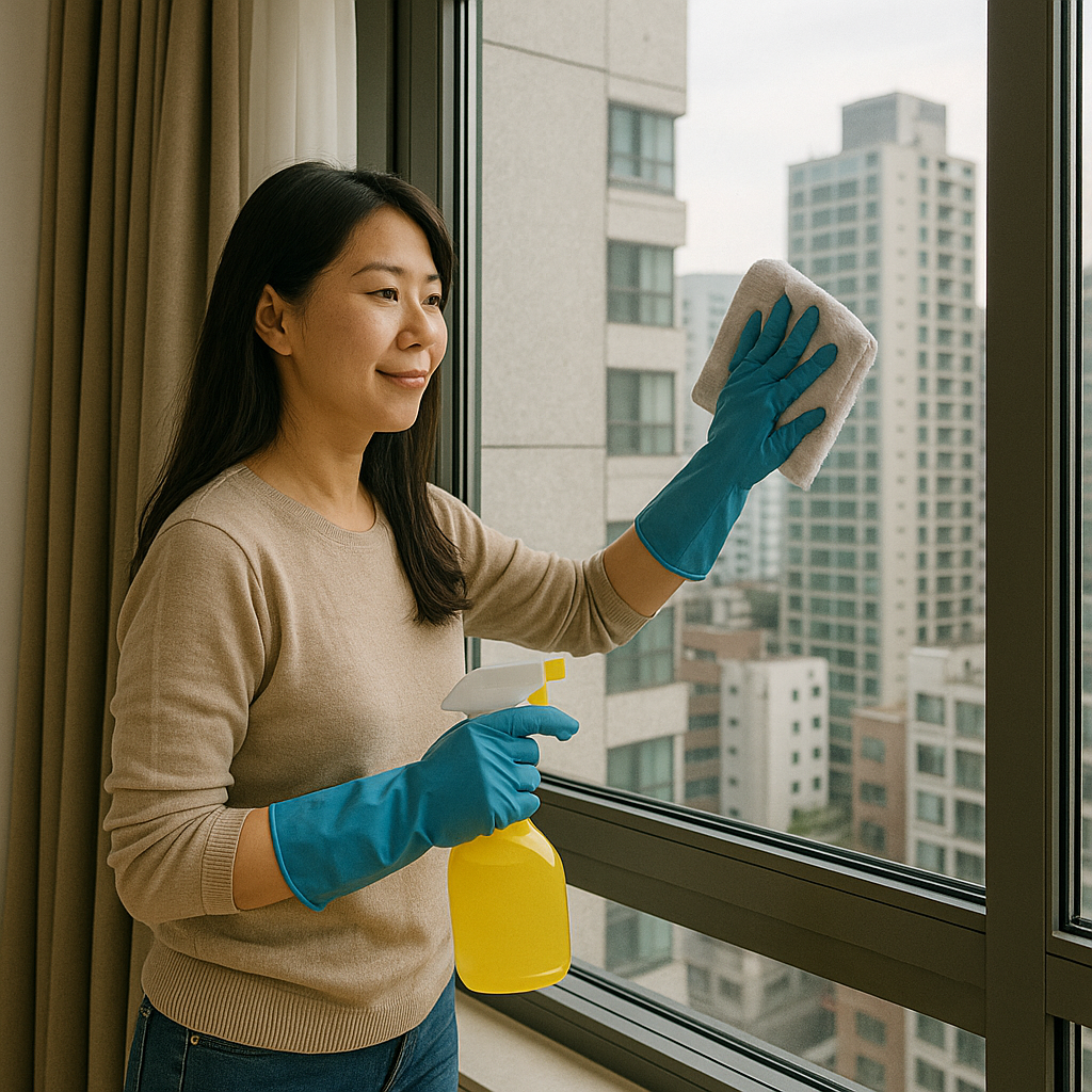 집에서 고무장갑을 착용한 여성이 유리창문을 닦고 있는 모습입니다.