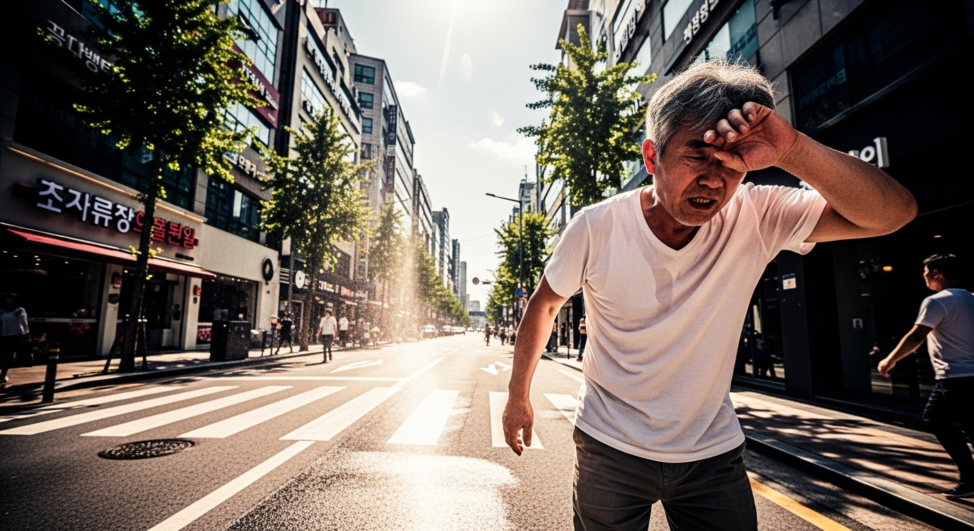 폭염 속에서 거리를 걷는 중년 남성