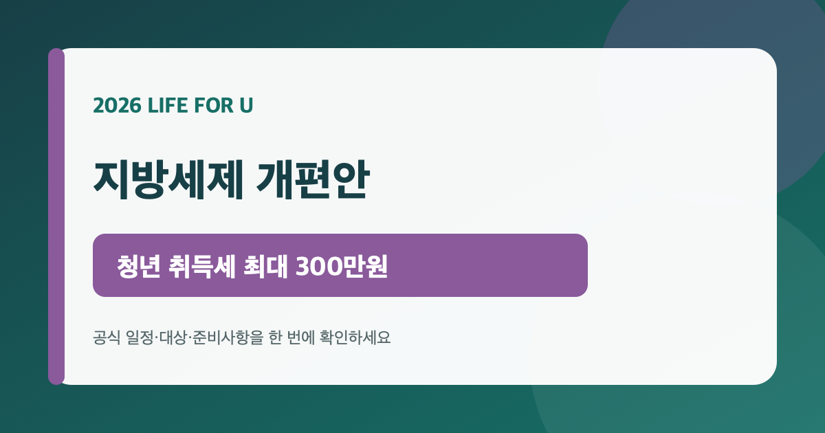 2026 지방세제 개편안의 청년 취득세와 오피스텔 감면 내용을 안내하는 카드
