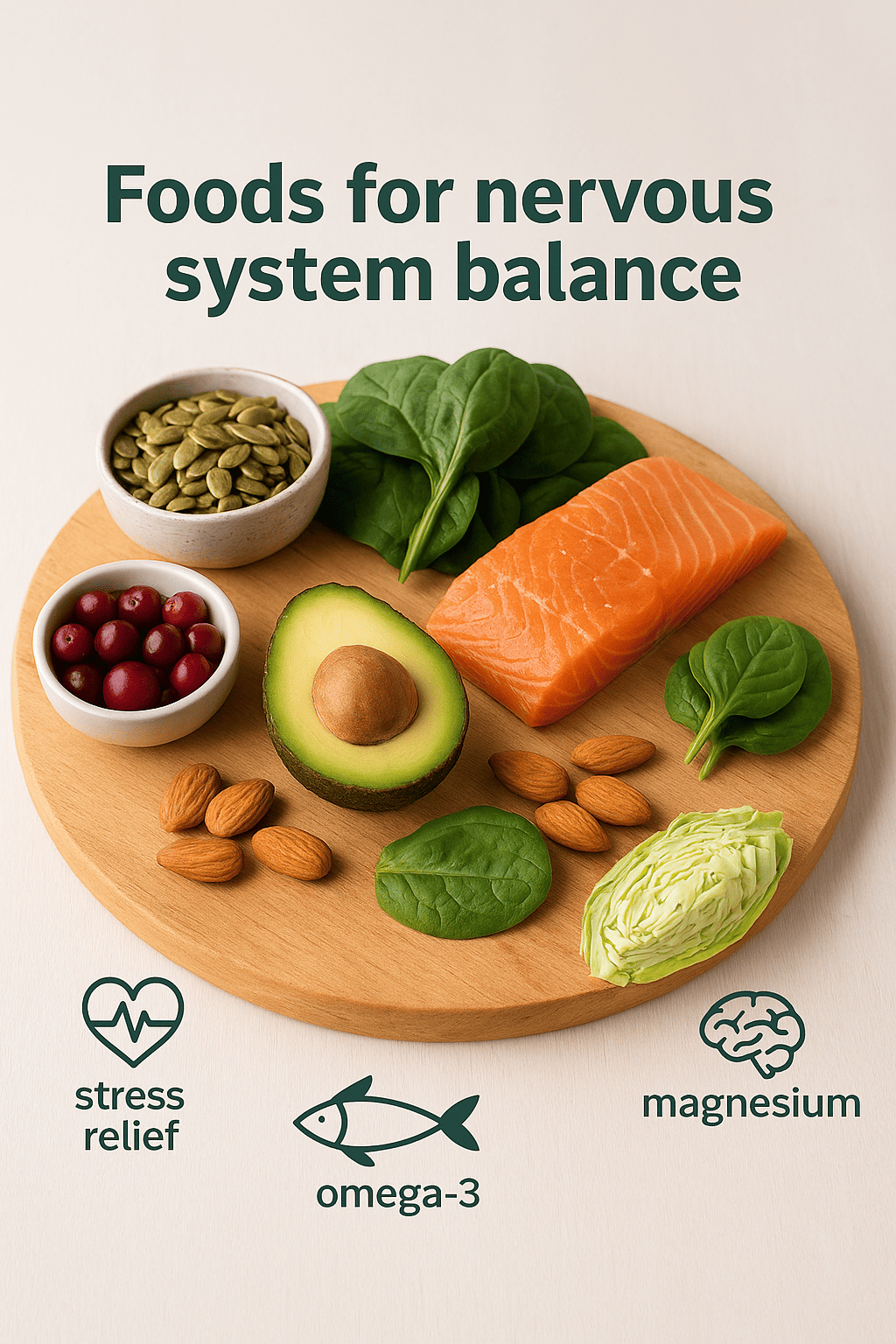 호박씨·시금치·연어·아몬드·아보카도 등 자율신경 안정 식품을 보기 좋게 배열한 푸드 플래터형 이미지