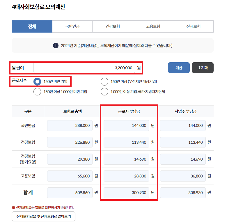4대사회보험료 모의계산 결과