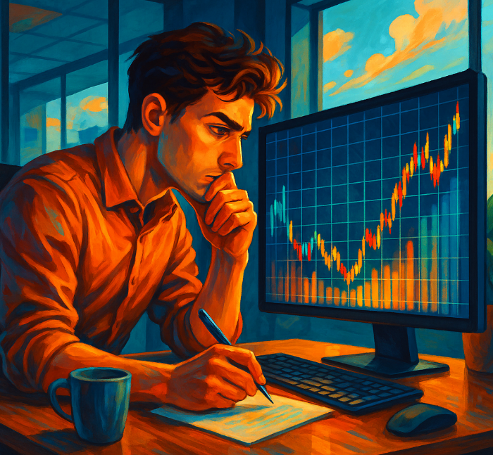 모니터를 보려 주식 그래프를 정리하는 남성 이미지