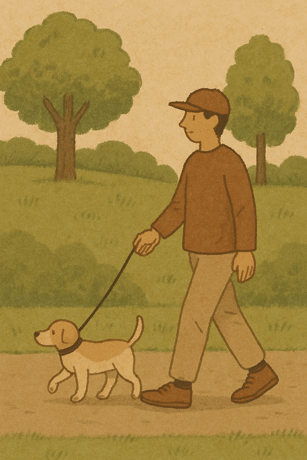 공원에서 강아지를 산책시키는 사람 이미지