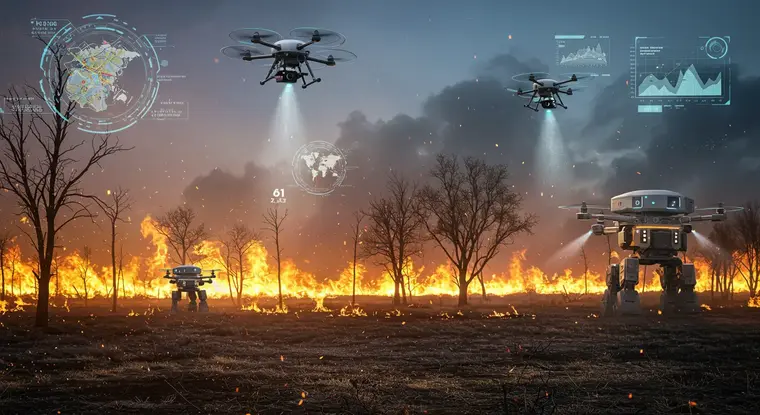 산불 현장에서 작동 중인 AI 소방 로봇과 드론 예측 시스템을 묘사한 미래형 기술 이미지