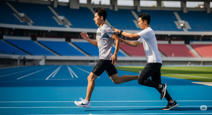 트랙에서 선수가 연습을 하고 있고 코치가 자세를 교정해 주고 있는 모습.