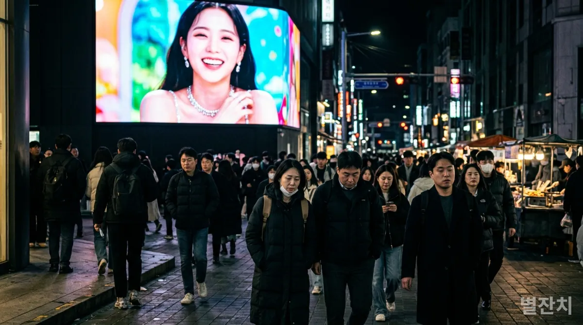 화려한 미디어 광고판의 영웅 이미지와 대비되는 평범한 한국 시민들의 모습