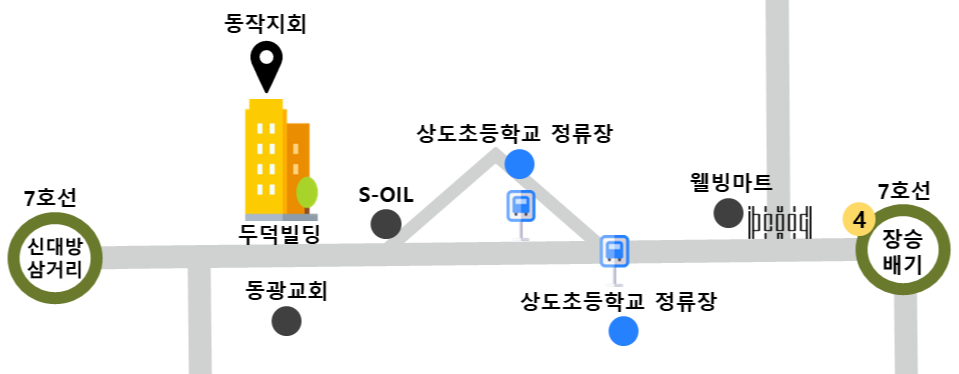 이미지설명: 신대방삼거리역과 장승배기역 사이 동작지회 찾아오시는 길 약도
