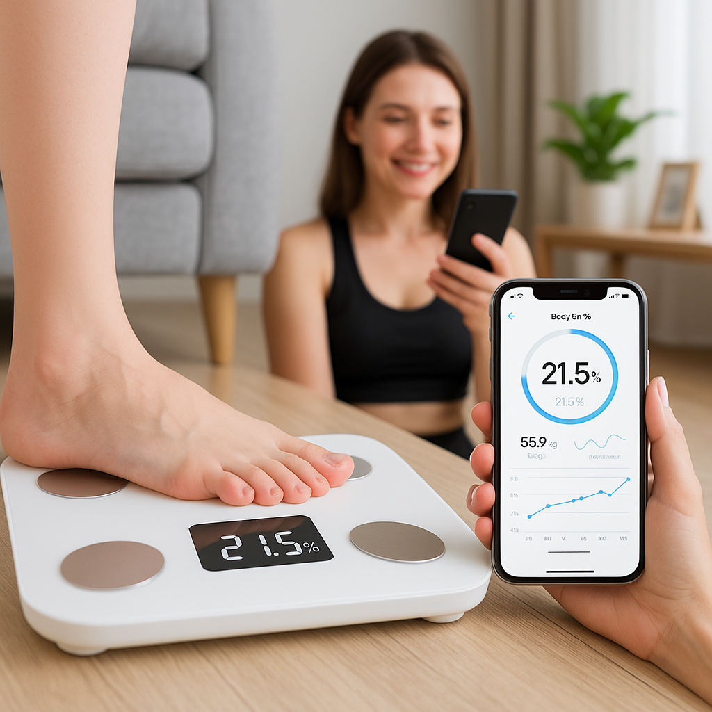 스마트 체중계 위에 올라선 발과, 옆에서 스마트폰으로 체지방률 그래프를 확인하는 모습