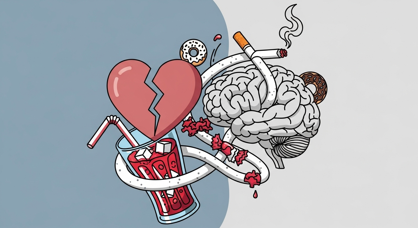 대사증후군으로 인해 심장과 뇌 건강이 위협받는 모습을 상징적으로 표현한 이미지.