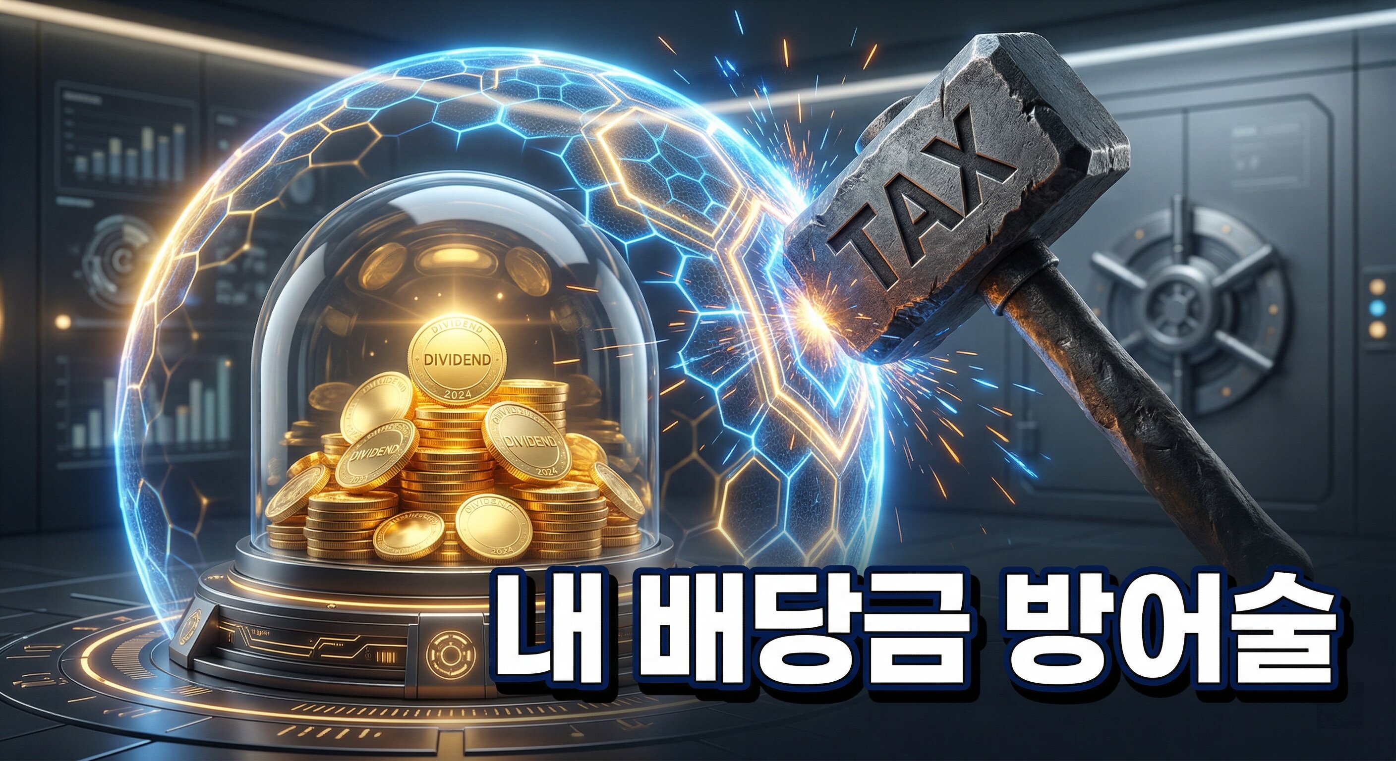 세금 망치로부터 금화를 보호하는 빛나는 방패 배경에 짙은 그림자와 외곽선으로 선명하게 강조된 '내 배당금 방어술'이라는 한글 문구가 중앙에 적힌 3D 일러스트