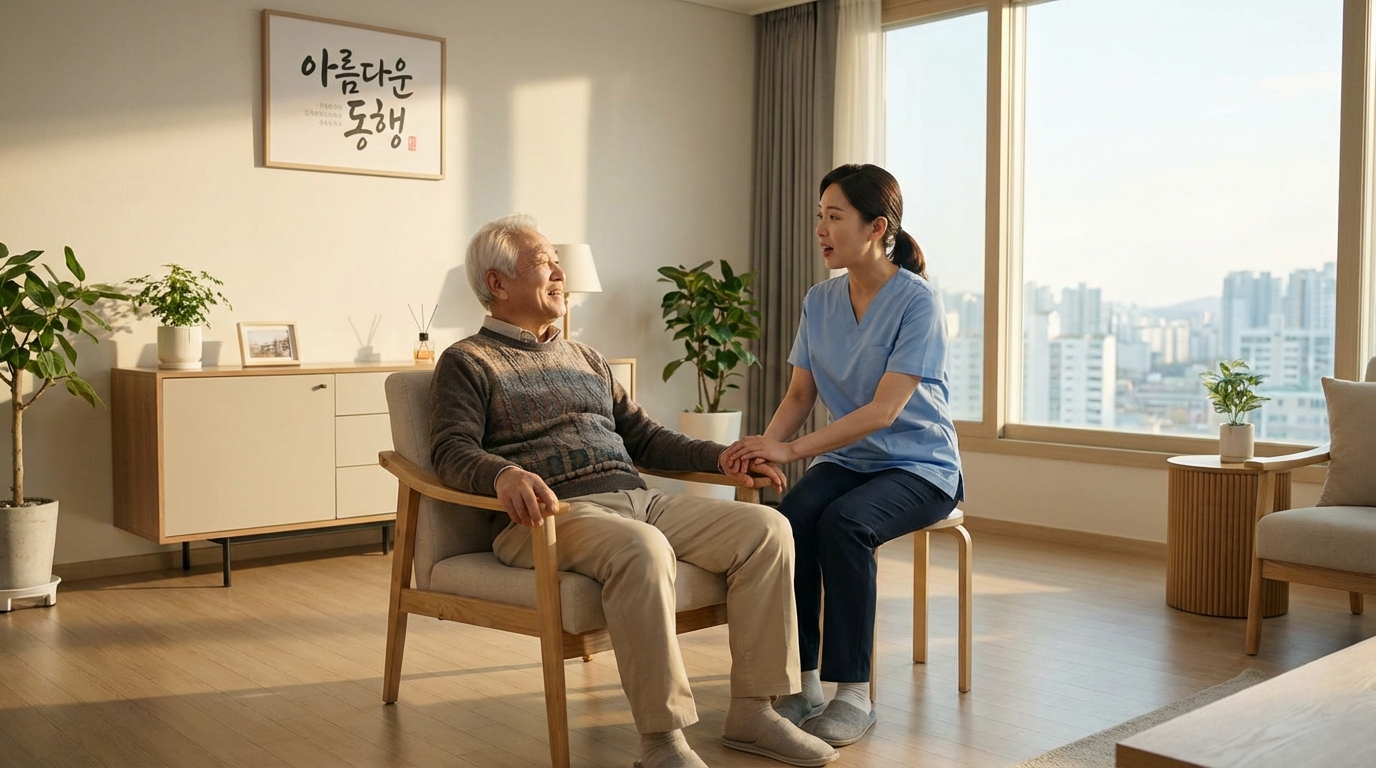 전문 요양보호사가 어르신의 손을 부드럽게 잡고 눈을 맞추며 대화하는 모습
