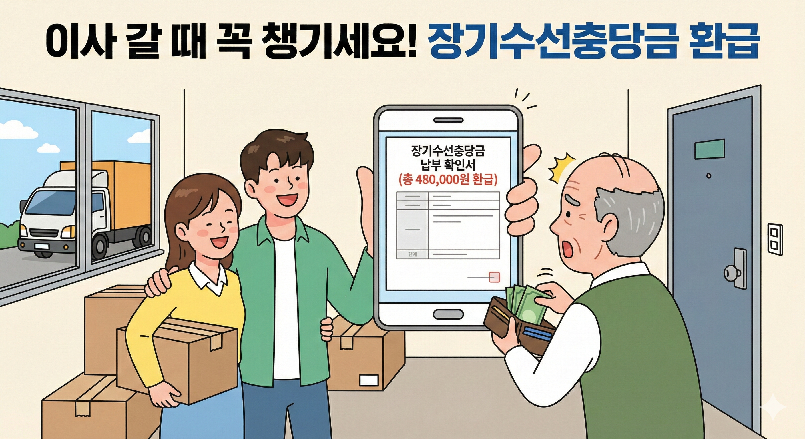 이사 당일 아파트 복도에서 세입자 부부가 집주인에게 장기수선충당금 환급을 요구하는 일러스트. 세입자는 웃으며 스마트폰으로 '장기수선충당금 납부 확인서 (총 480,000원 환급)' 화면을 보여주고, 집주인은 당황한 표정으로 지갑에서 현금을 꺼내고 있다. 주변에는 이사 박스가 쌓여있고 창밖으로 이사 트럭이 보인다.
