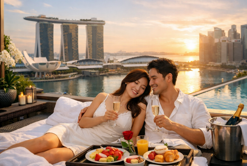 신혼부부가 싱가포르 호텔에서 와인을 마시는 모습