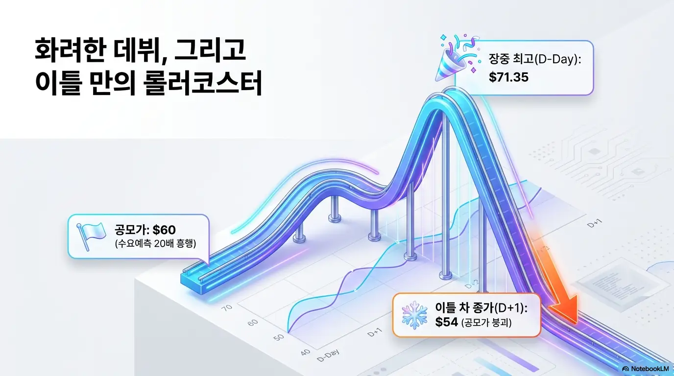 퀀티넘 주가의 상장 첫 이틀 흐름을 롤러코스터 선로로 표현한 이미지. 공모가 60달러로 출발해 첫날 장중 71.35달러까지 올랐다가 이튿날 종가 54달러로 공모가가 붕괴된 등락을 보여줌