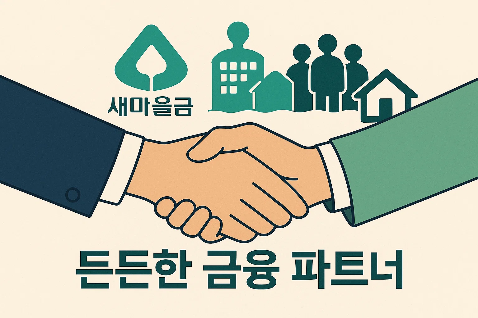 새마을금고 로고와 함께 금융 기관, 주택, 주민 아이콘이 배경에 있고 손을 맞잡은 모습이 강조된 일러스트