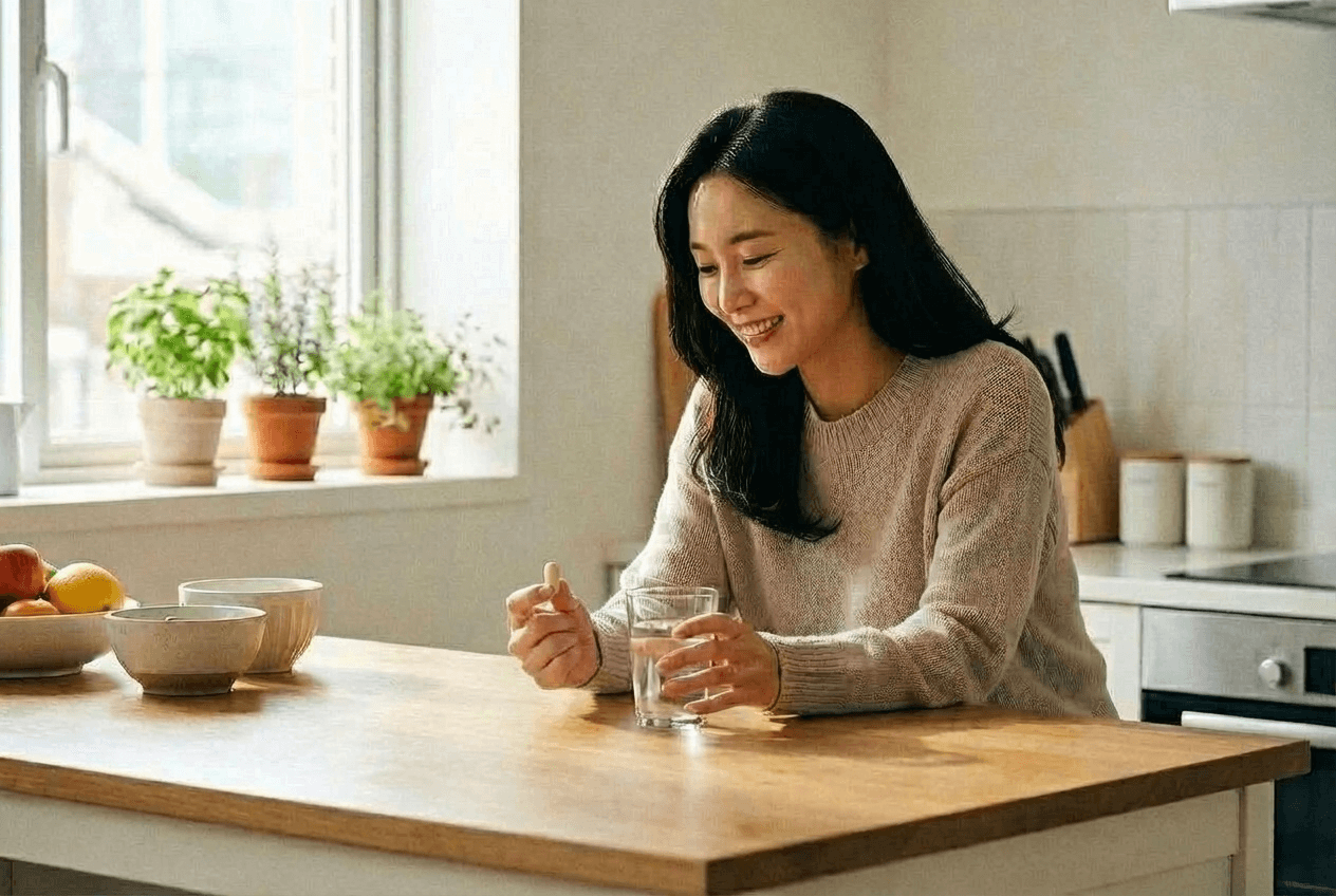 밝은 주방 식탁에서 한국인 여성이 물 한 잔과 함께 영양제 캡슐을 들고 미소 짓는 모습, 맥주효모 비오틴 골드 3000을 일상 루틴으로 섭취하는 장면