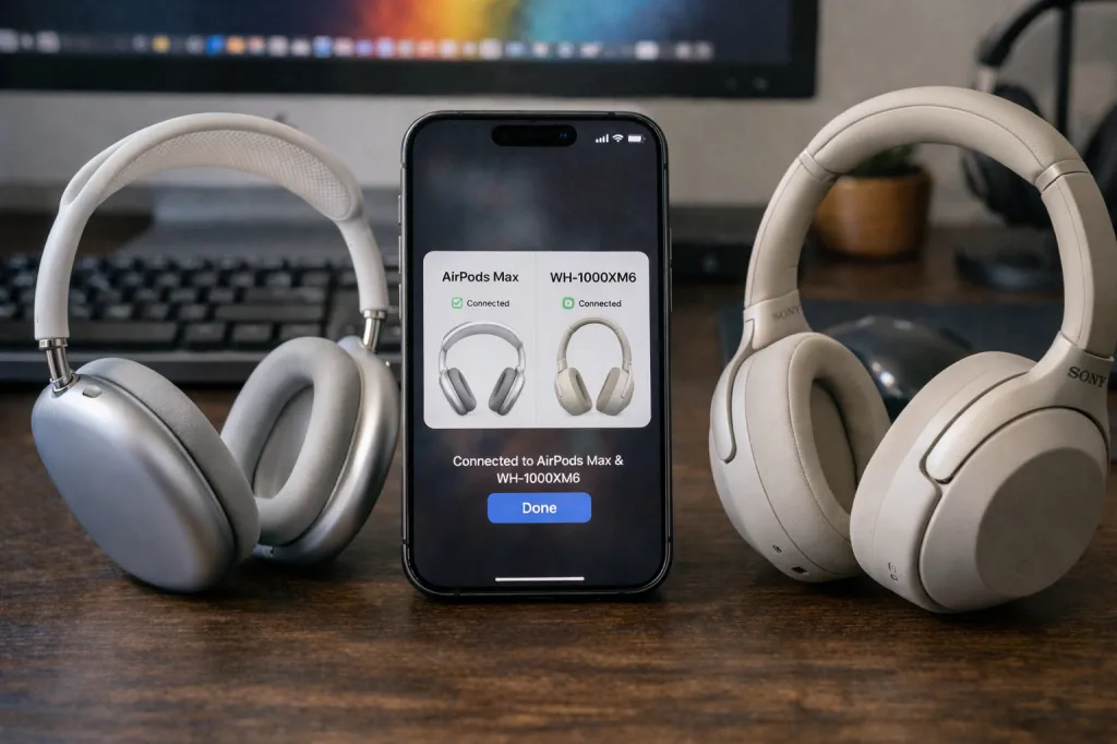 에어팟 맥스와 소니 WH-1000XM6를 동시에 페어링해 비교 테스트하는 장면