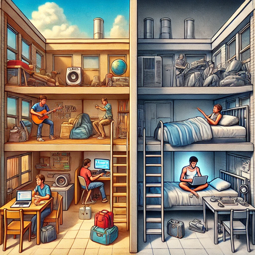 공동 기숙사 생활과 독립적인 원룸 생활을 비교하는 이미지.
