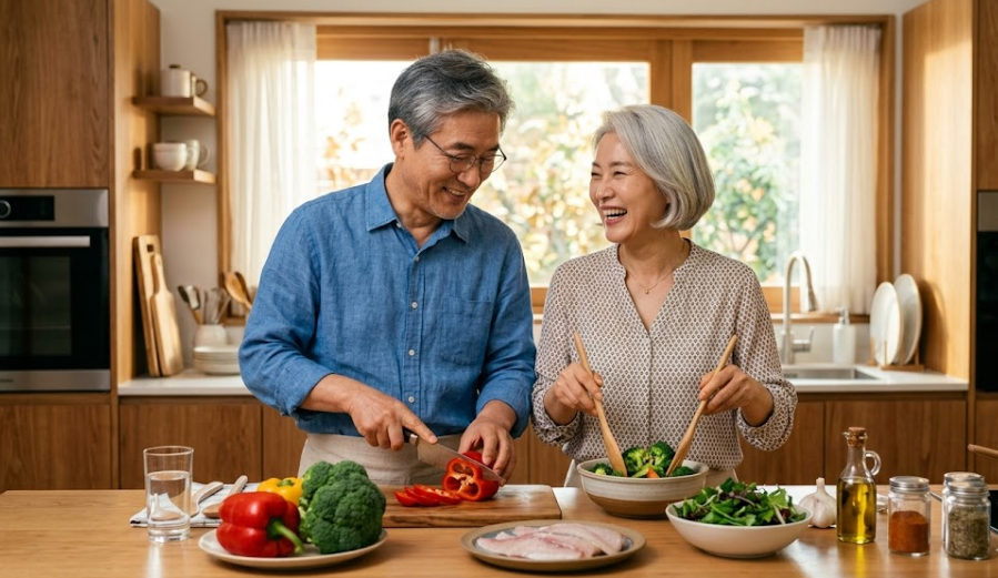 대상포진을 극복하고 행복한 음식을 준비하는 시니어부부