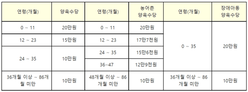 개월-수에-따른-양육수당을-표시한-표-사진