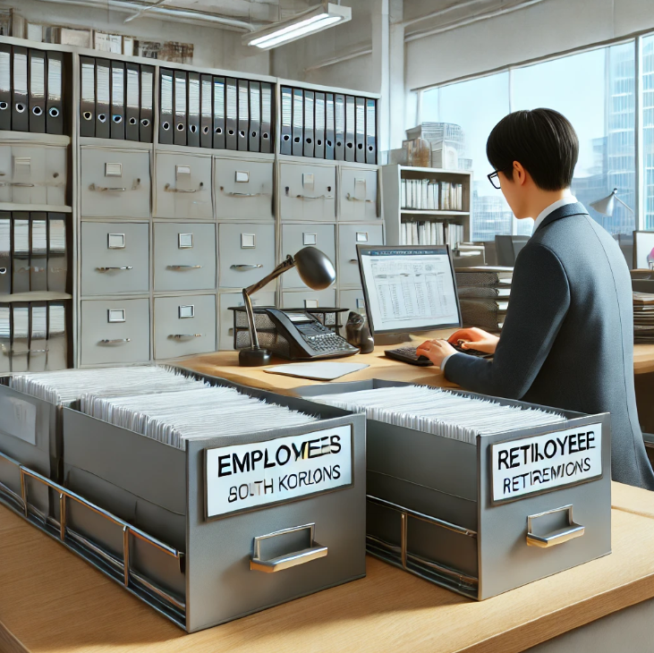 사업장 근로자 관리 파일을 정리하는 직원