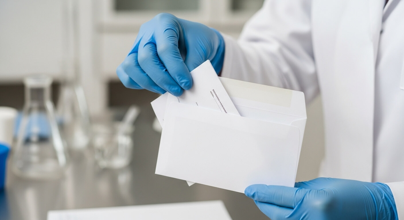 봉투에 서류를 넣는 장갑 낀 손