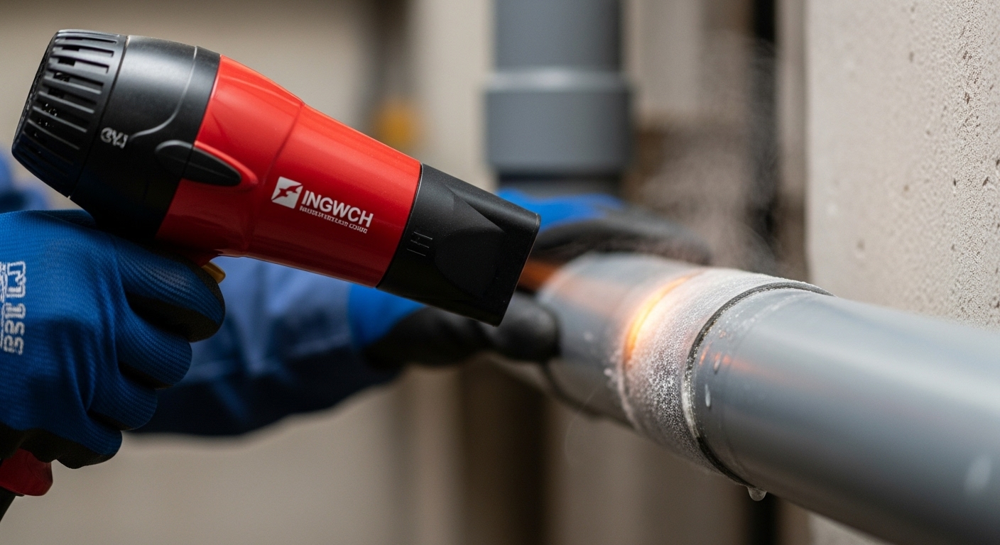 헤어드라이기로 동파된 배관을 녹이는 모습