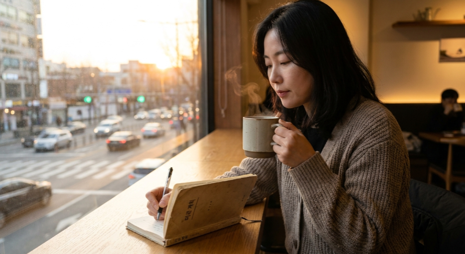 노을 지는 창가에서 따뜻한 차 한 잔을 마시며 자신의 미래를 설계하는 사회복지사