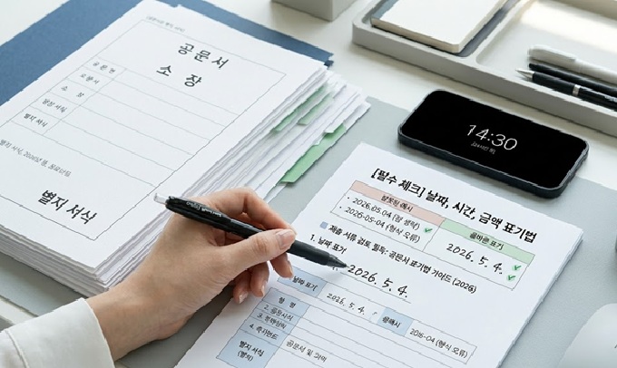 2026 행정업무 운영 편람에 따른 공문서 날짜, 시간, 금액의 올바른 표기법과 잘못된 예시를 비교한 체크리스트 이미지