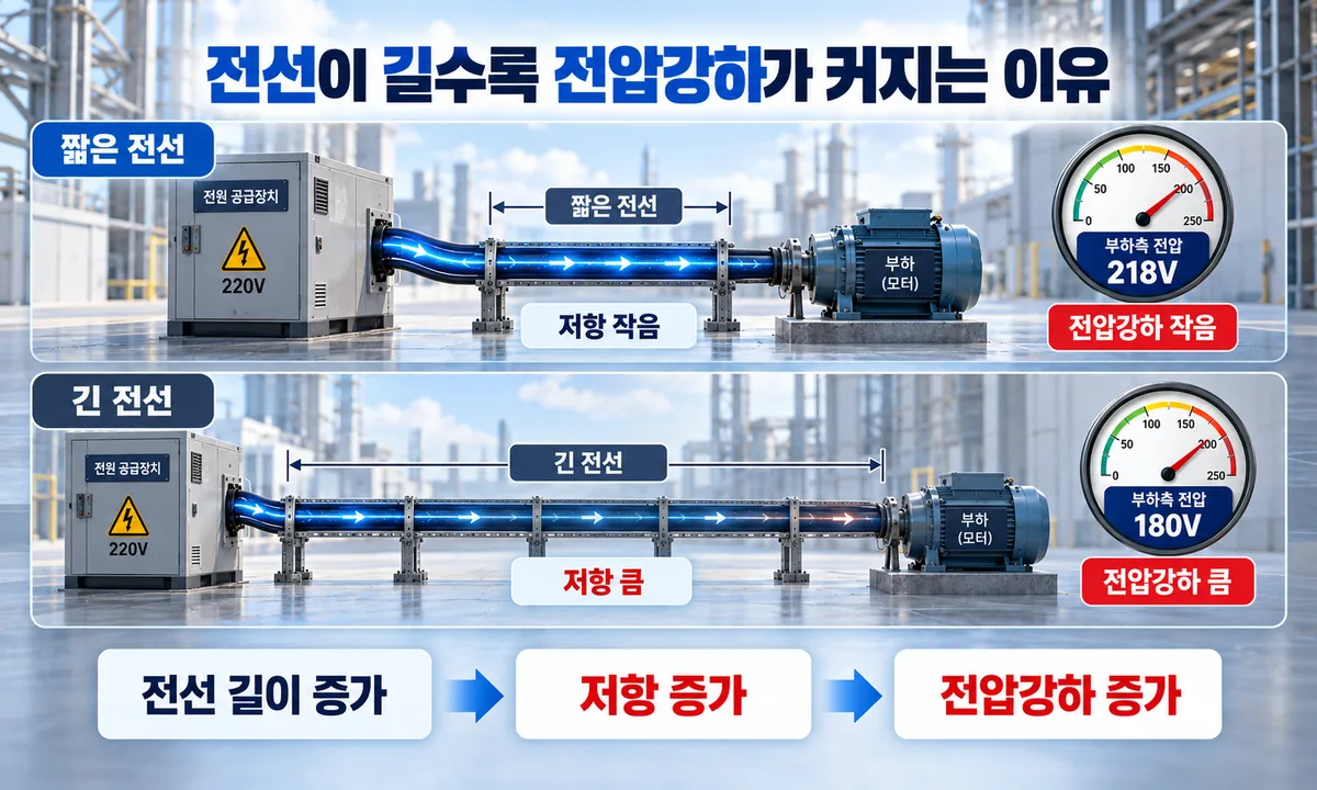 짧은 전선과 긴 전선의 전압강하 차이를 비교한 인포그래픽