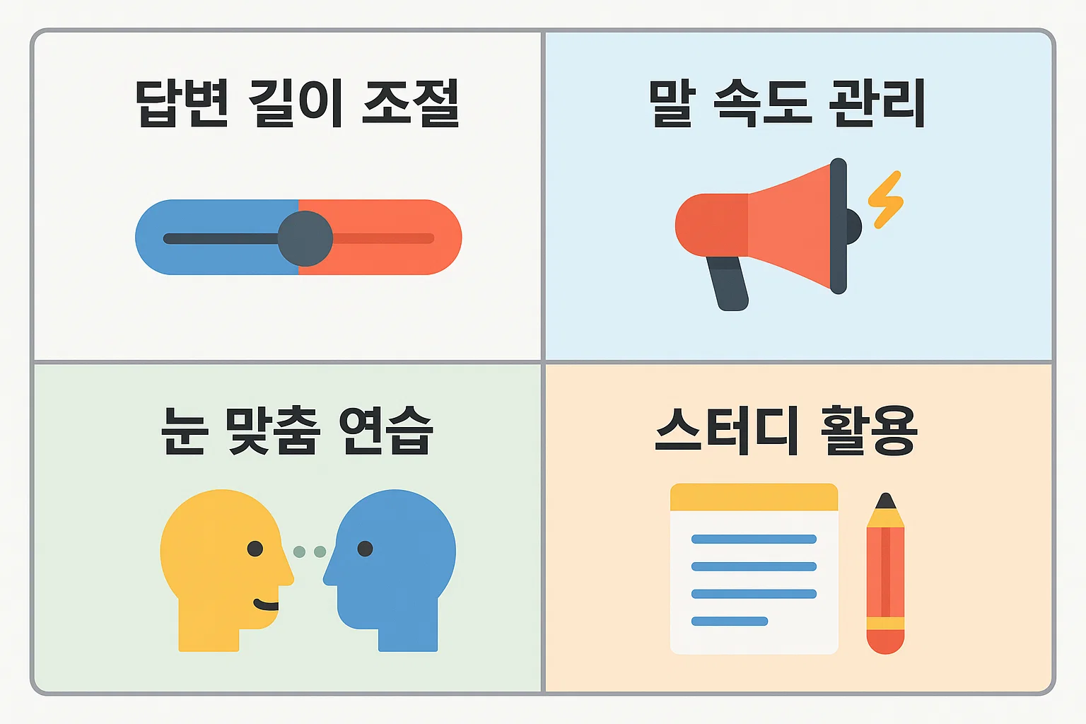 답변 길이 조절, 말 속도 관리, 눈 맞춤 연습, 스터디 활용 등 실제 면접 중 자주 하는 실수를 최소화하기 위한 청소년지도사 면접 실전 전략 인포그래픽