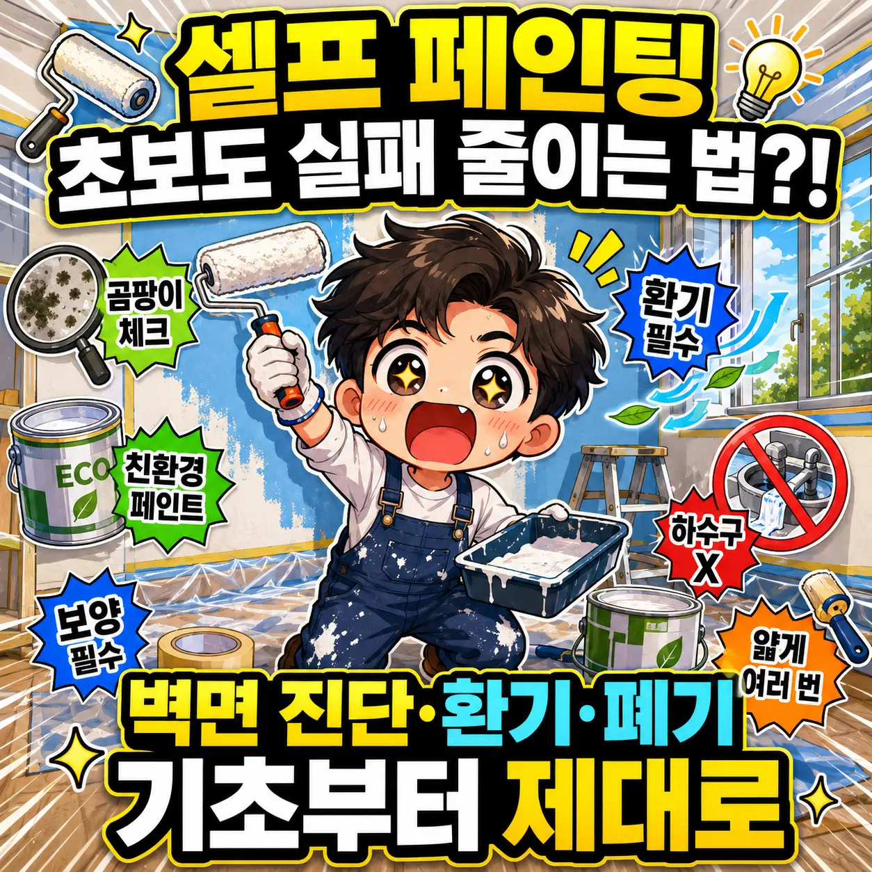 셀프 페인팅 초보자를 위한 벽면 곰팡이 점검, 친환경 페인트 선택, 보양 작업, 환기, 얇게 여러 번 칠하기와 남은 페인트 폐기 방법을 표현한 치비 스타일 썸네일