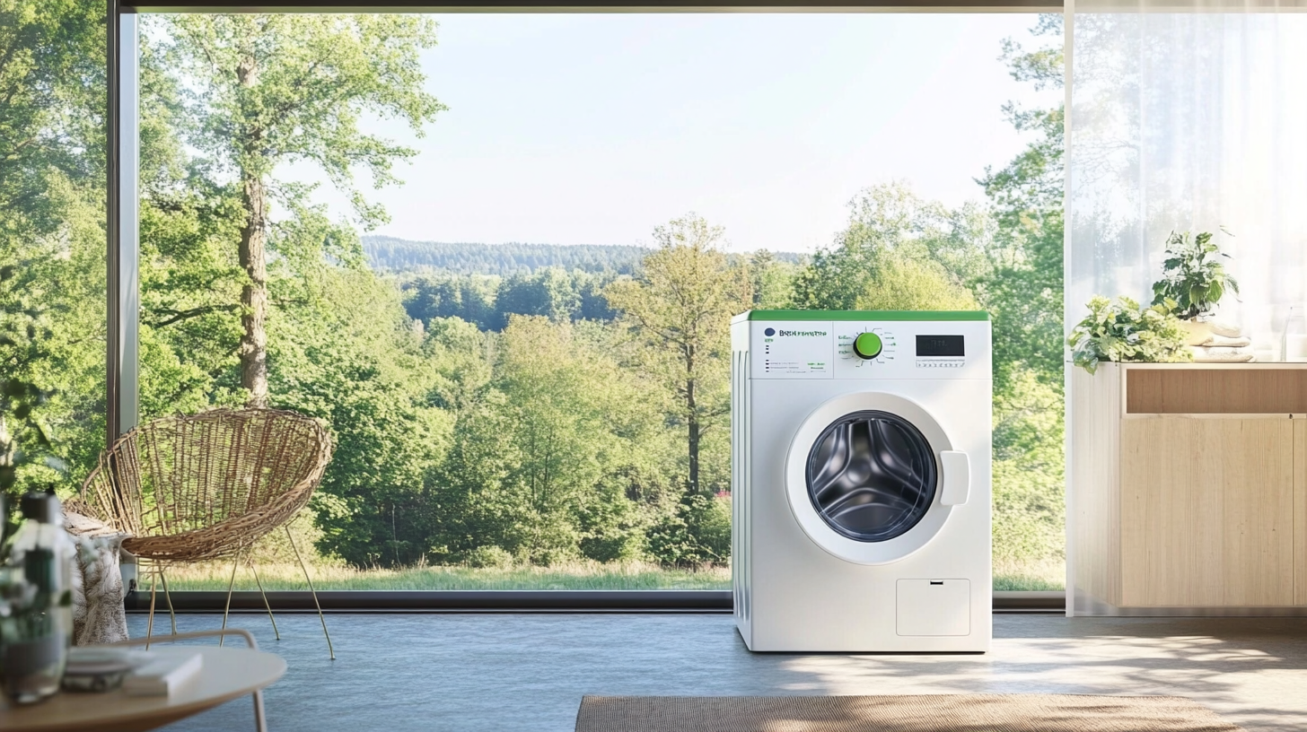 스타일리시하고 지속 가능한 집안에서 친환경 세탁기가 자리 잡고 있는 모습으로, 현대적인 인테리어와 자연의 요소들이 조화를 이루고 있습니다.