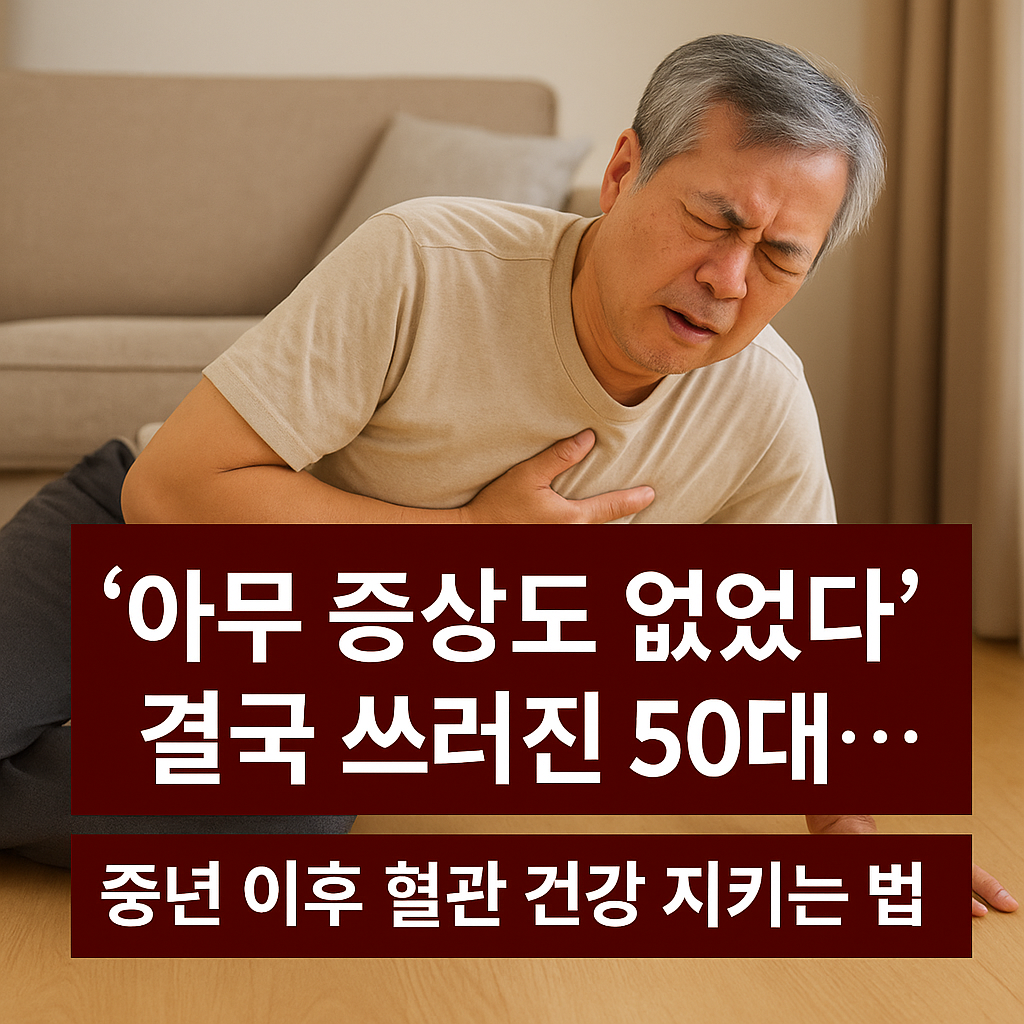 50대 중년 남성이 갑자기 가슴을 부여잡고 쓰러진 모습과 함께 &lsquo;아무 증상도 없었다, 결국 쓰러진 50대&hellip; 중년 이후 혈관 건강 지키는 법&rsquo;이라는 문구가 적힌 썸네일 이미지