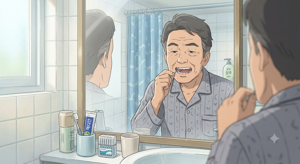 양치후 치간 칫솔을 사용하는 중년 남자의 모습